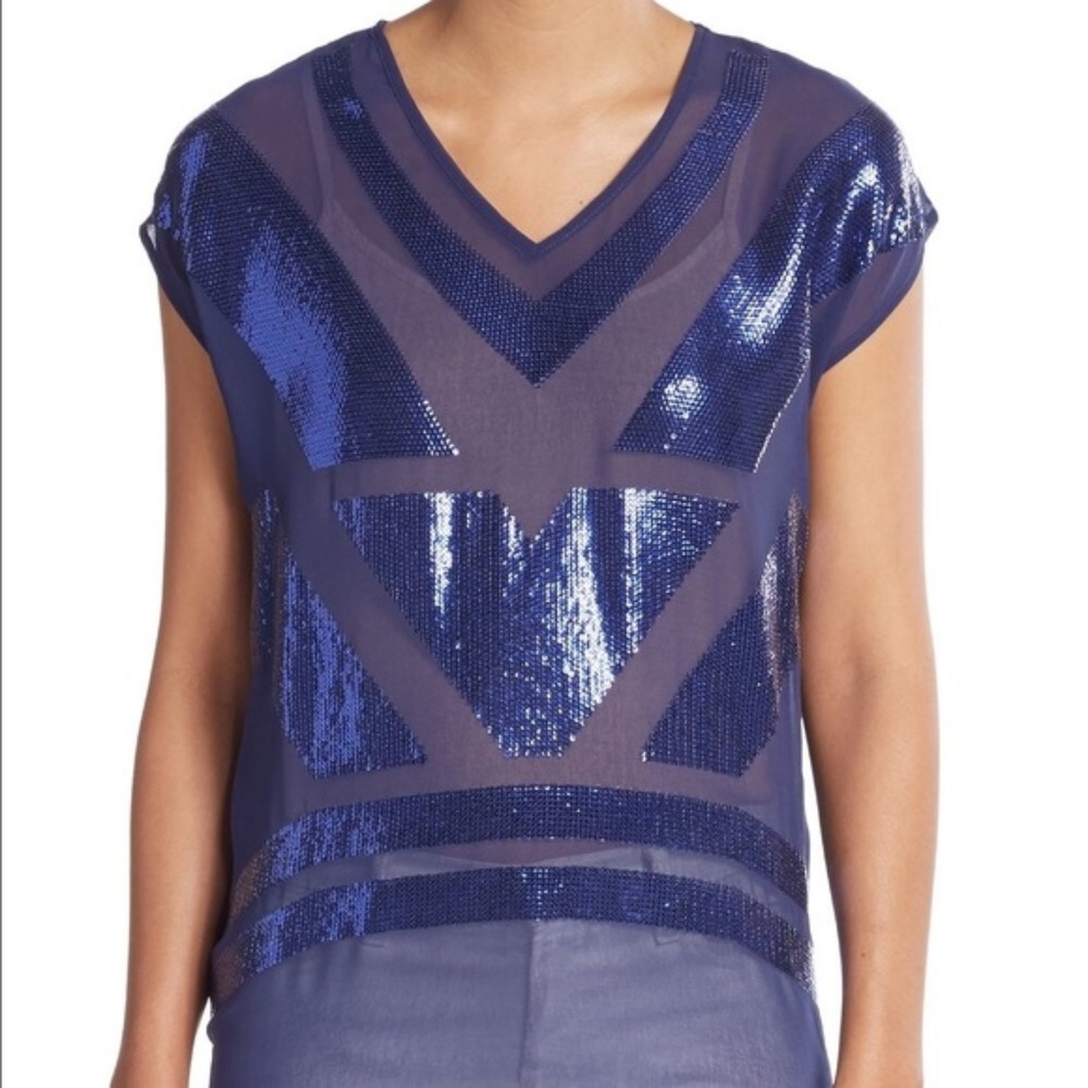 Saks Fifth Avenue Blue Sequined V-Neck Top